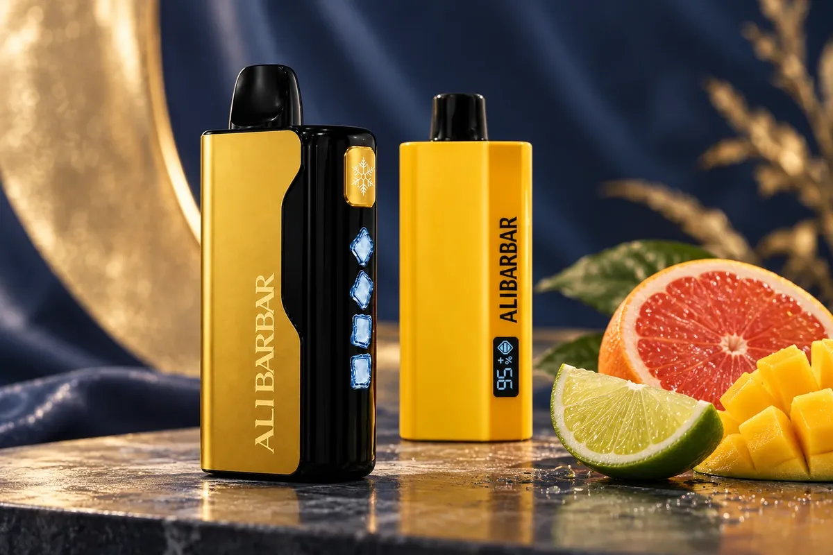 ALIBARBAR 12000 and TEQ 12000 devices beside citrus and mango flavour cues