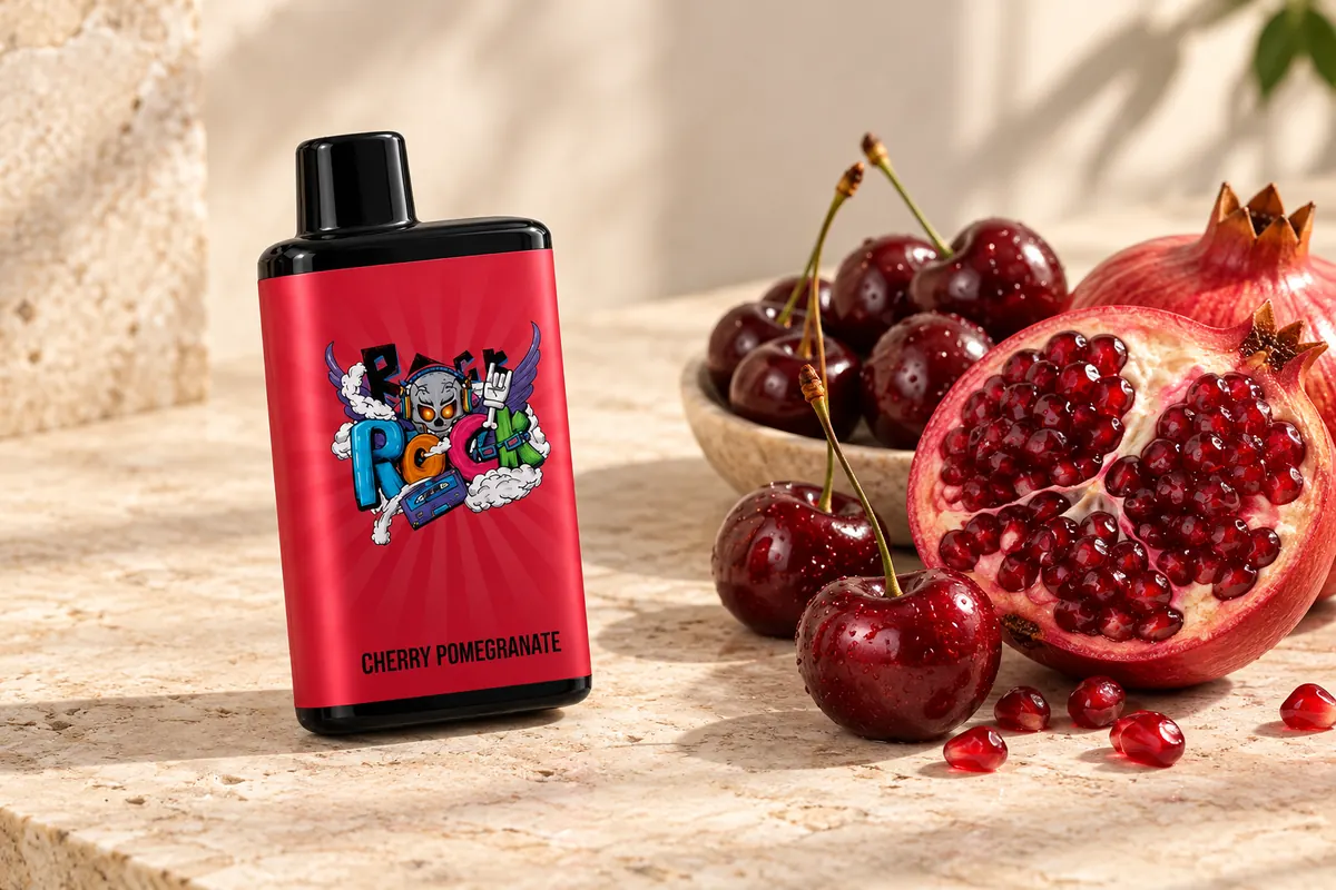 Red IGET Bar Pro Cherry Pomegranate device next to cherries and a cut pomegranate