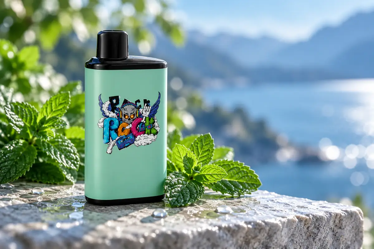 IGET Bar Pro flavours list illustration of mint-green Dynamic Mint device among mint leaves