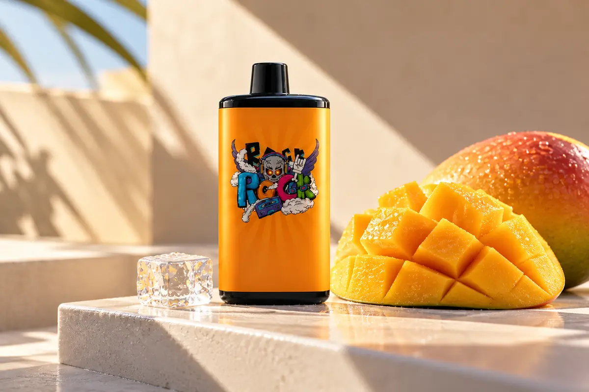 Orange IGET Bar Pro 10000 Mango Ice device beside cut mango and ice