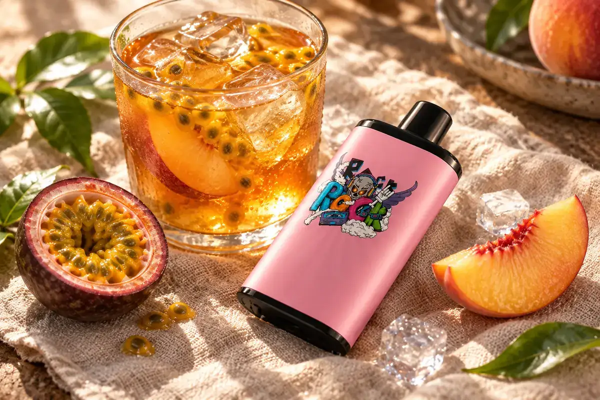 Pink IGET Bar Pro beside passion fruit, peach and a glass of iced tea