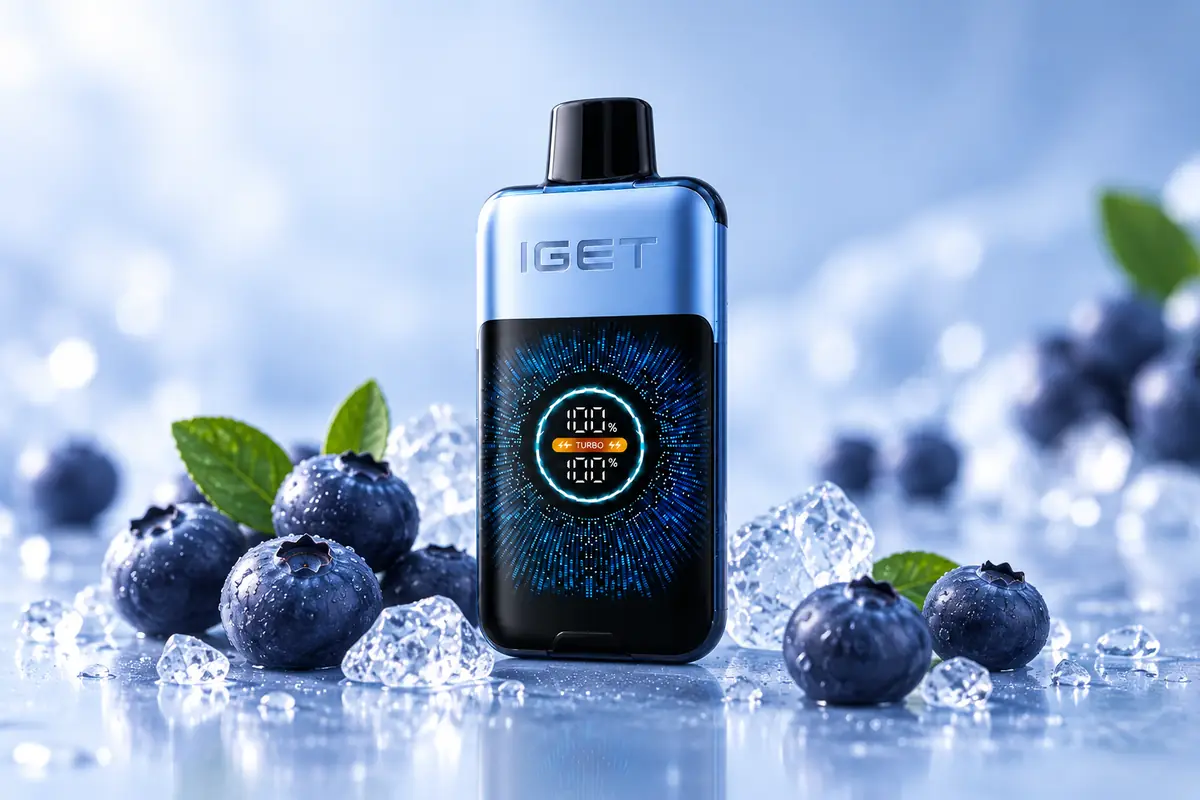 IGET One flavours list showing a pale blue Blueberry Ice device with blueberries and ice