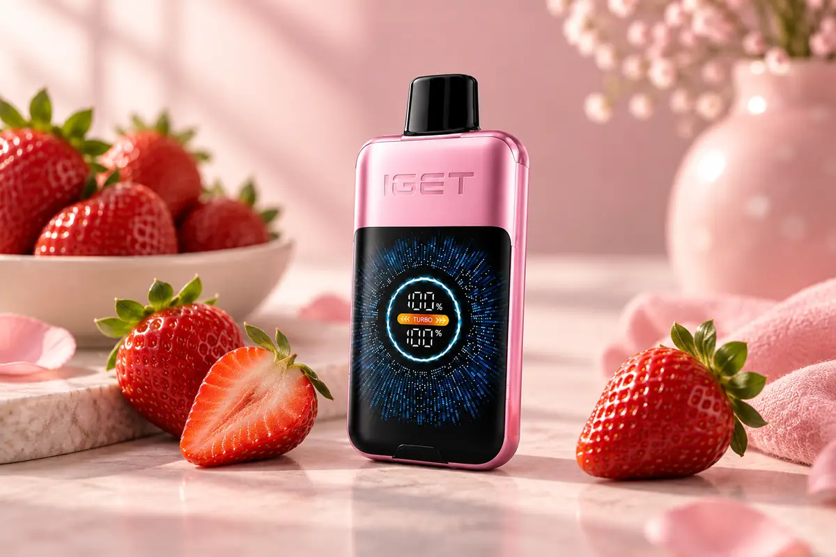 Pink IGET One 12000 device beside strawberries for Chupa Chups Strawberry