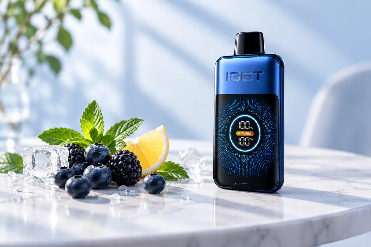 IGET flavours on a blue One 12000 device beside berry, citrus and mint cues