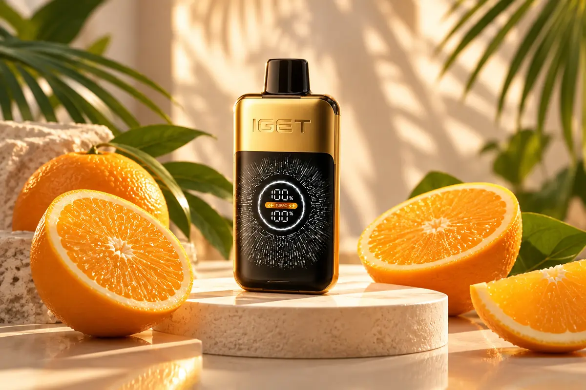 Gold IGET One 12000 device with oranges for Tropical Orange Monster