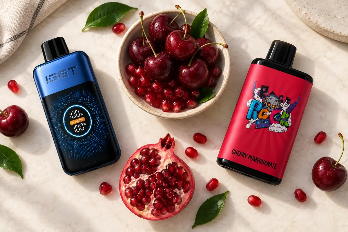 IGET One and Bar Pro devices beside cherries and pomegranate for a shared flavour name