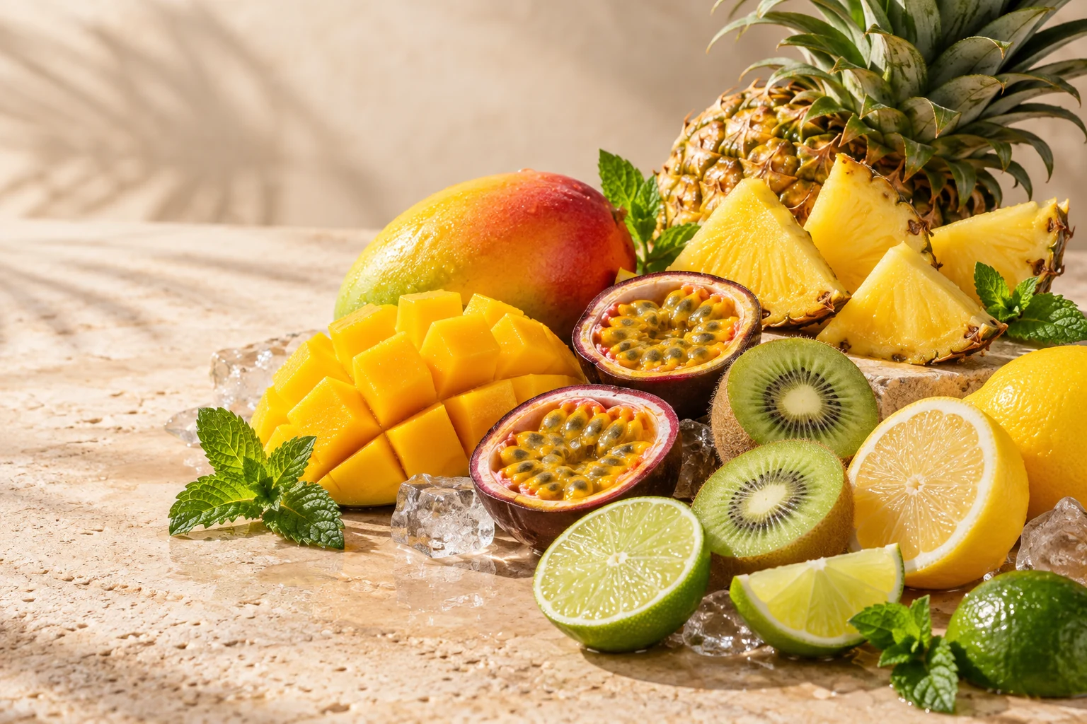 Tropical and citrus flavour families with mango, pineapple, passionfruit, kiwi, lemon and lime