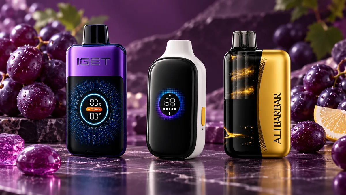 IGET One Grape Ice, TOMORO MAX and ALIBARBAR Swirl devices shown with grape cues