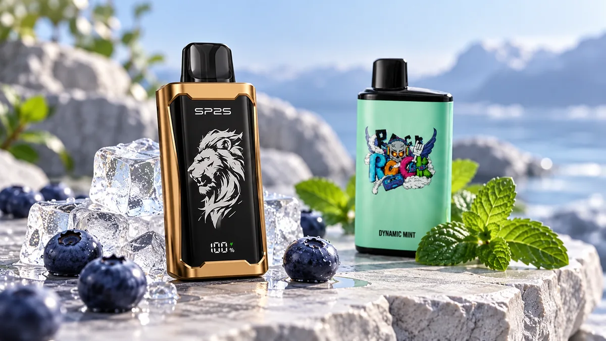 SP2S 12000 lion device and green IGET Bar Pro Dynamic Mint shown beside mint blueberries and ice
