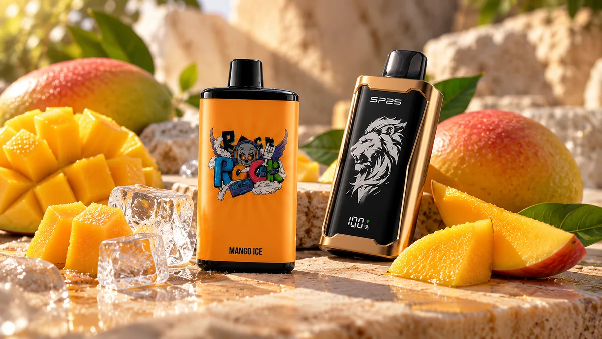 Orange IGET Bar Pro Mango Ice and black gold SP2S 12000 devices beside mango