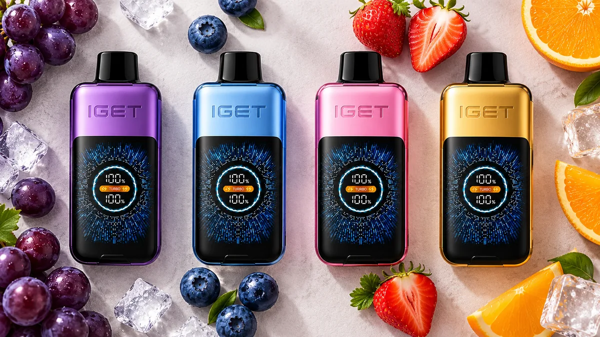 Four IGET One 12000 flavour colours purple blue pink and gold shown side by side