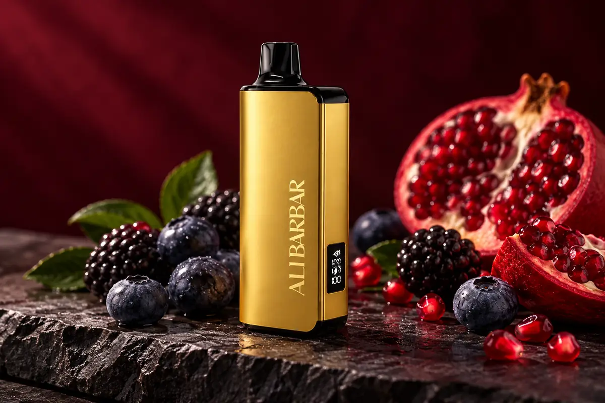Gold ALIBARBAR 9000 device with blueberry, blackberry and pomegranate visual cues