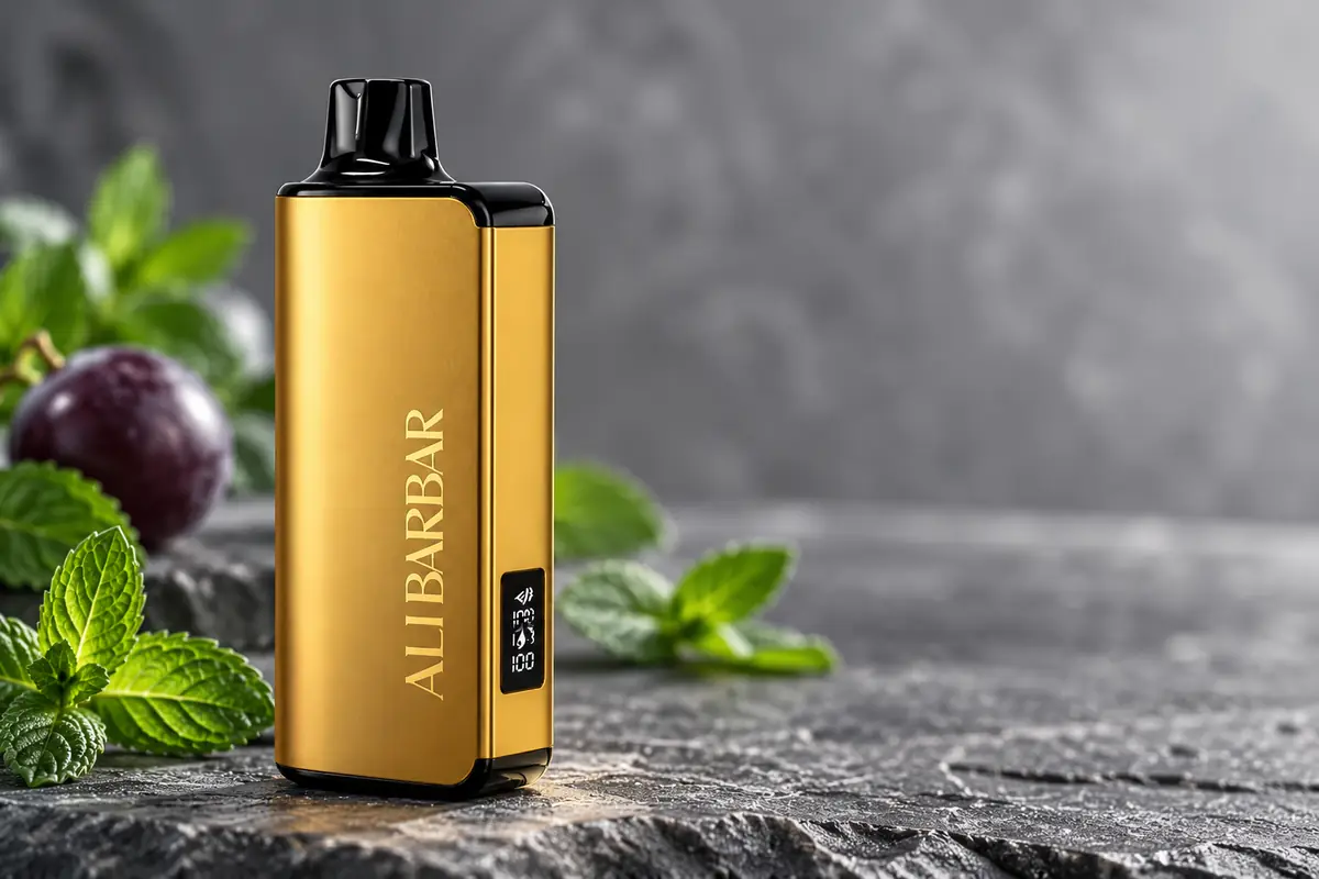 Close product view of the gold ALIBARBAR 9000 device with mint visual cues