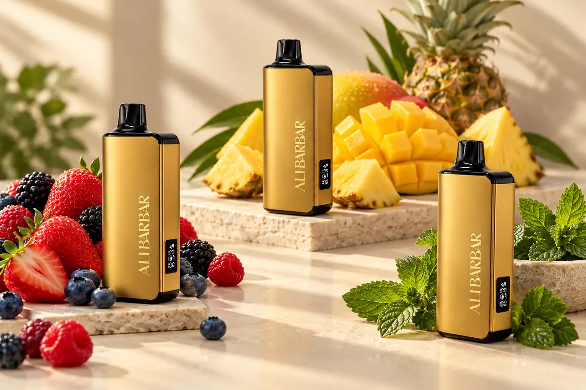 ALIBARBAR 9000 flavours illustrated by three gold devices with berry, tropical fruit and mint cues