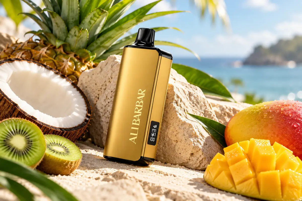 Gold ALIBARBAR 9000 device beside pineapple, coconut, kiwi and mango visual cues