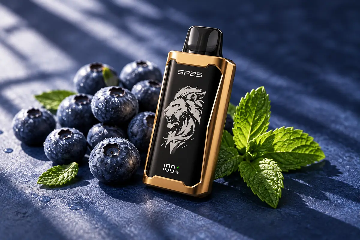 Gold and black SP2S 12000 device beside blueberries and mint leaves
