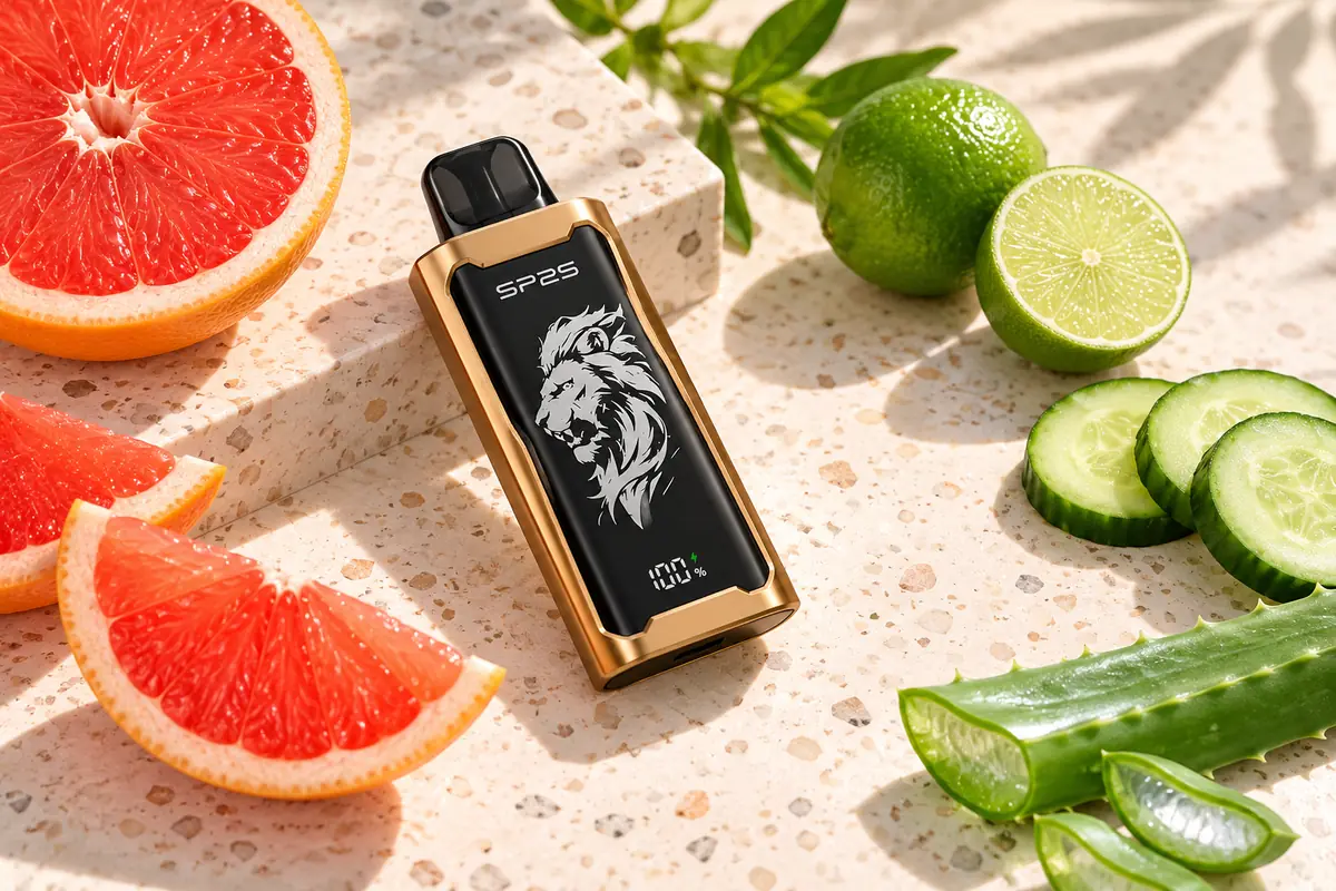 SP2S 12000 gold and black device with grapefruit, lime, cucumber and aloe visual cues