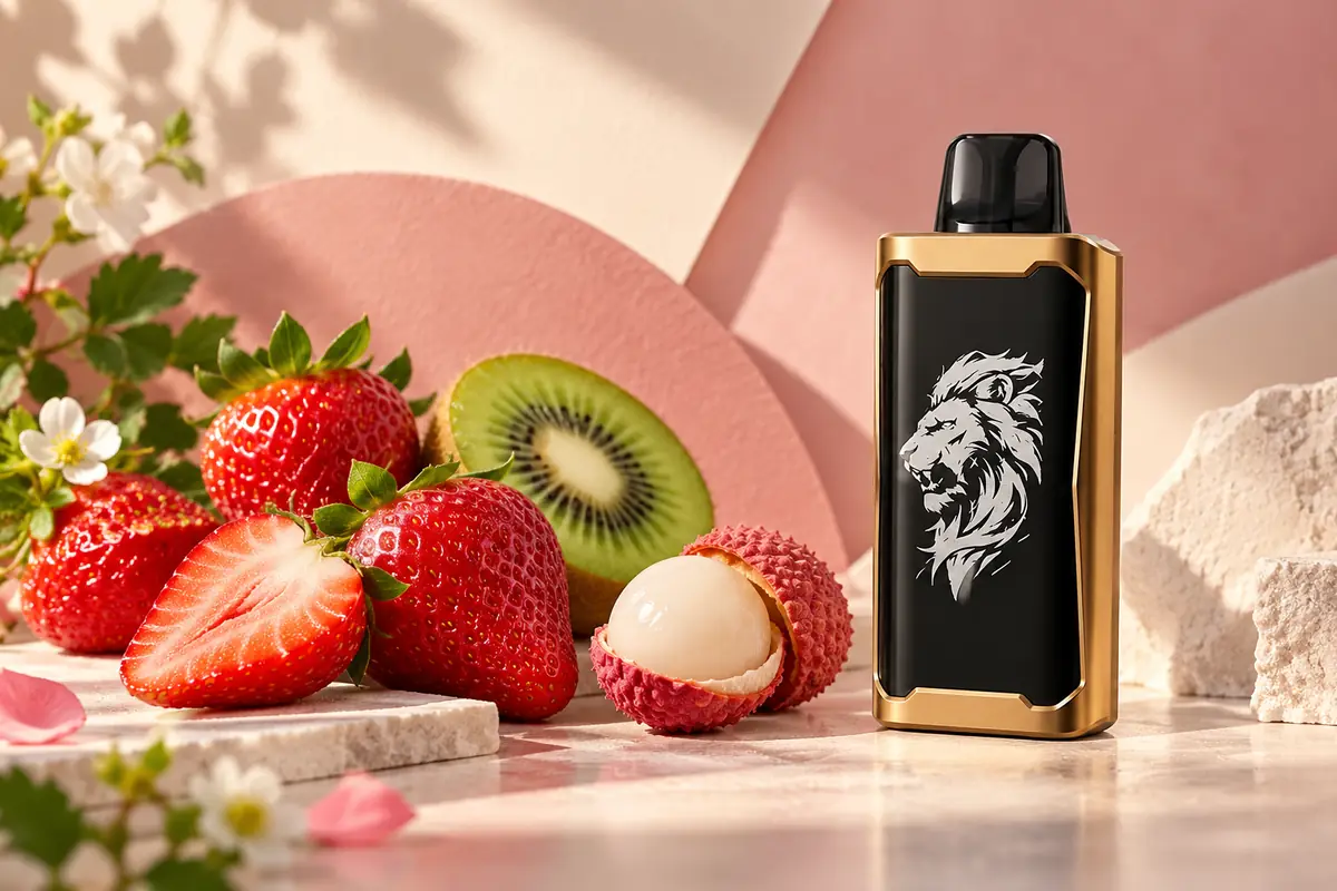SP2S 12000 gold and black device with strawberry, kiwi and lychee visual cues