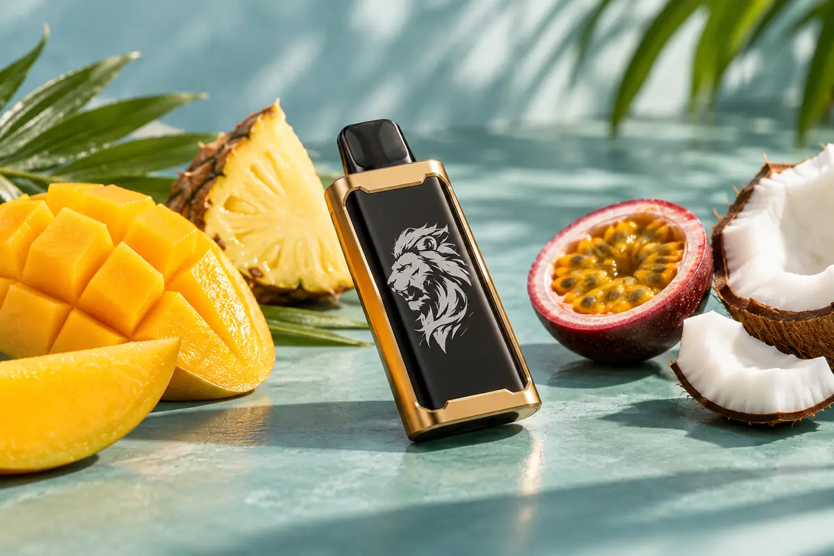 SP2S 12000 gold and black device with mango, pineapple, passion fruit and coconut visual cues