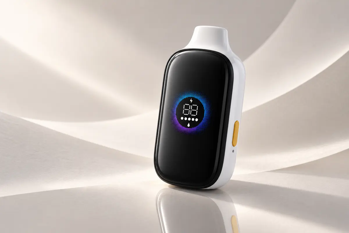 TOMORO MAX 15000 flavours guide showing the curved black-and-white device and circular display