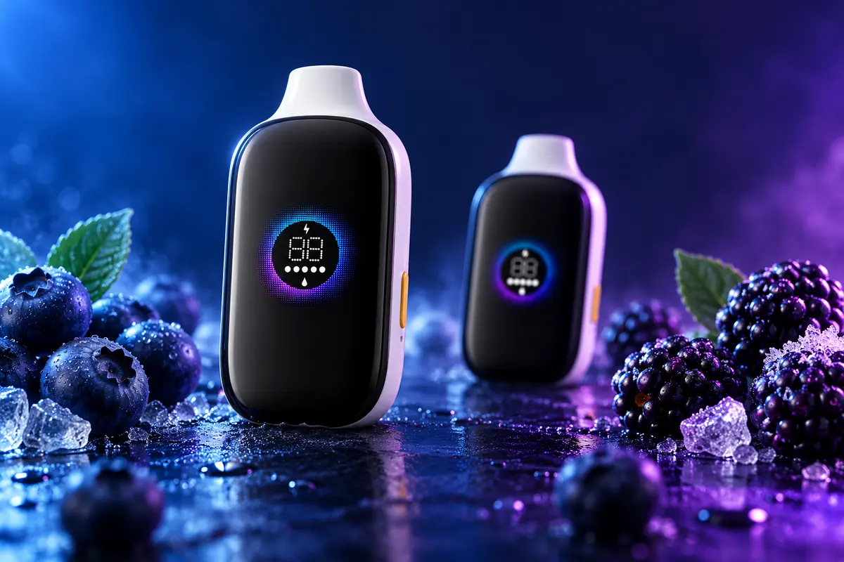Blueberry and blackberry ingredients beside TOMORO MAX devices