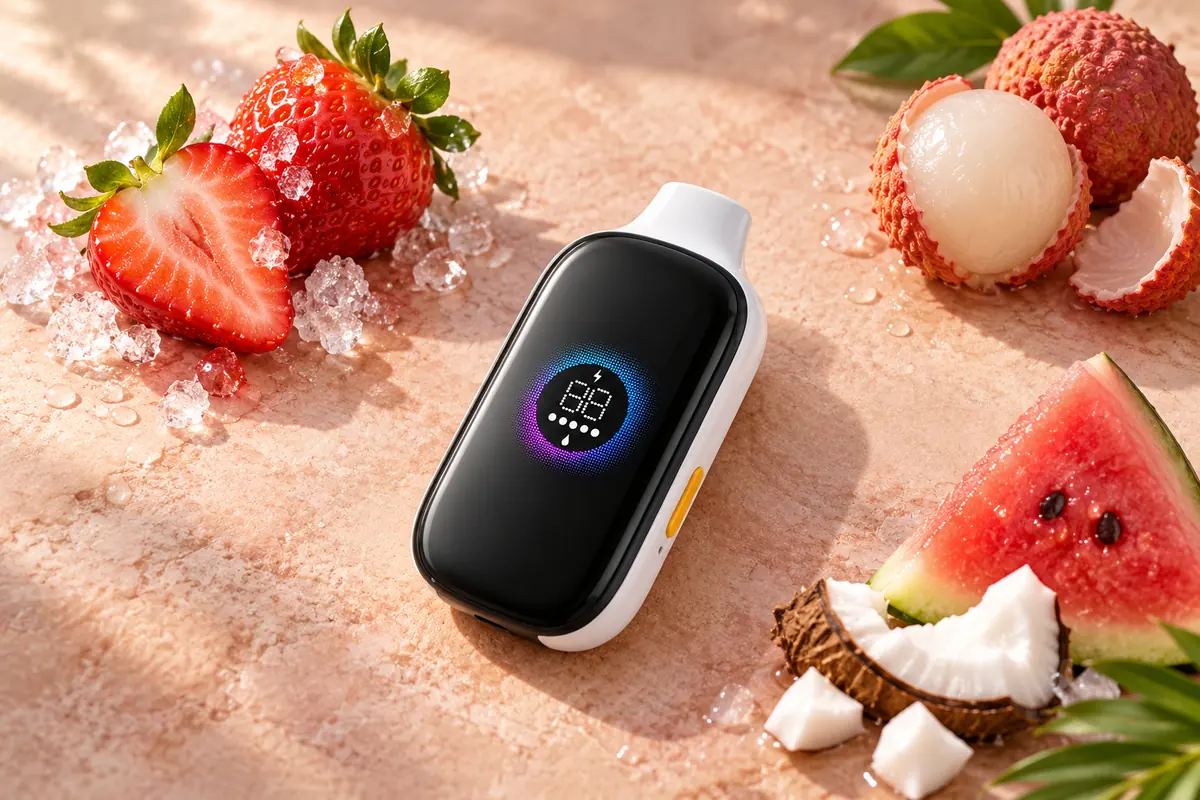 Strawberry Ice, Strawberry Lychee and Strawberry Coconut Watermelon ingredients around a TOMORO MAX device