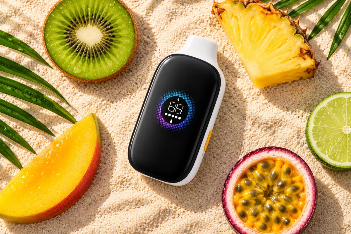 Kiwi, pineapple, mango, passion fruit and lime beside a TOMORO MAX device