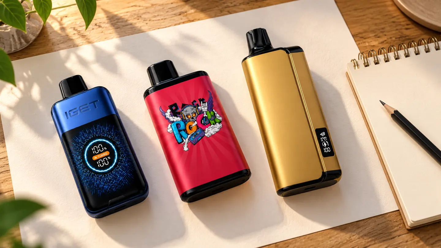 Blue IGET One, red IGET Bar Pro and gold ALIBARBAR 9000 arranged beside an unmarked comparison notebook